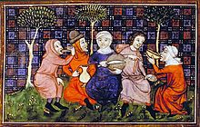 Bönder delar en enkel måltid. Bilden är från 1400-talet