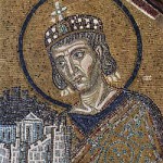 Konstantin på en mosaik i Hagia Sofia från omkring år 1000. Bild från Wikipedia