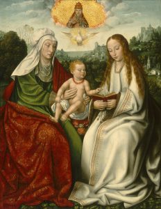1500-talsmålning av Jesusbarnet med mormor Anna till vänster och mamma Maria till höger.